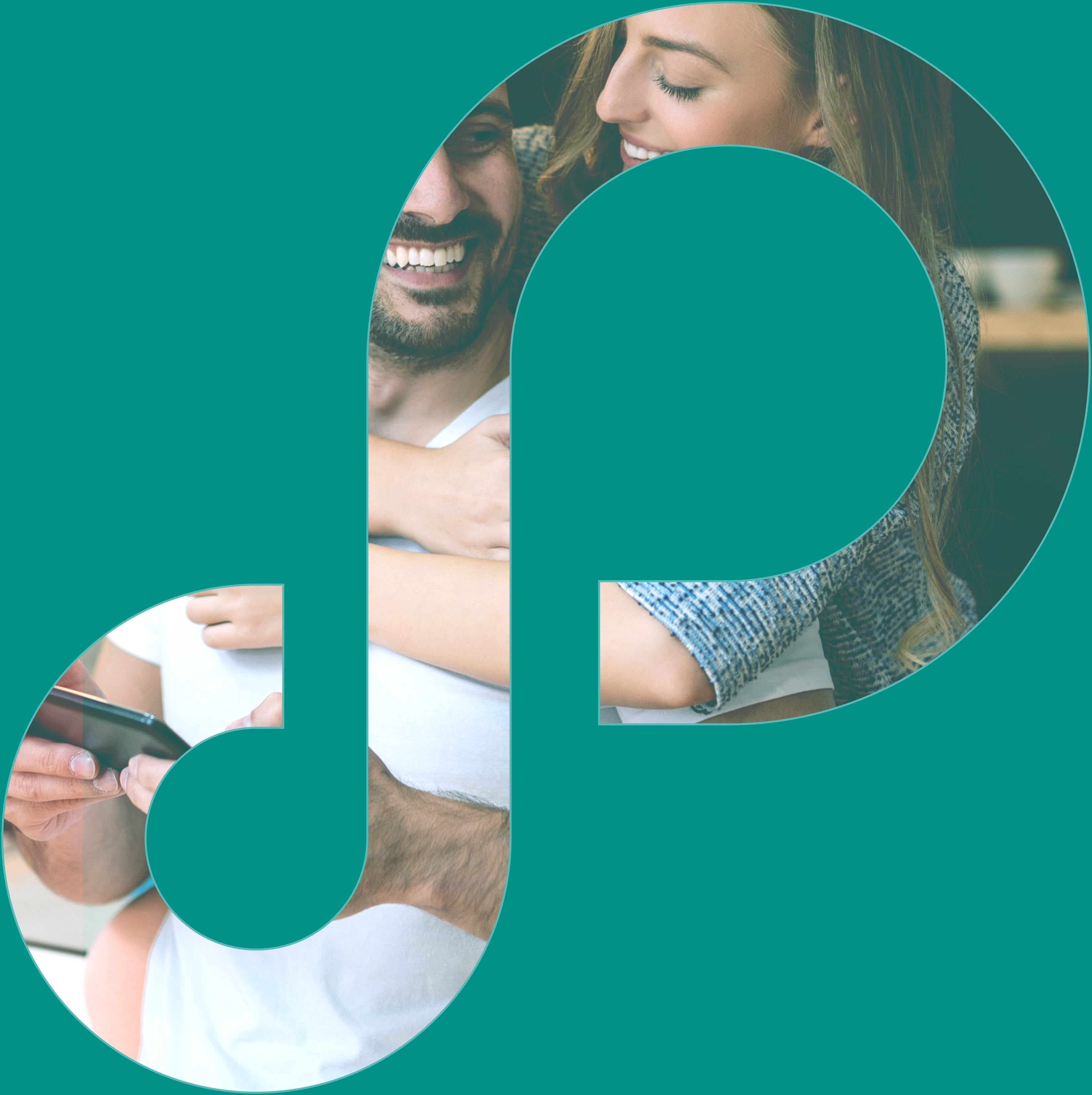P shaped logo with couple in background